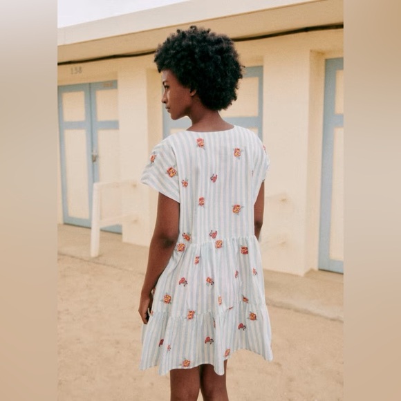 Sézane Saphir Mini Dress Floral Embroidery Blue White Striped US 6 NWT - Picture 2 of 14